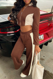 Brown Zipper Collar Long Sleeve Crop Jackets And Sweatpants Sportwear Casual Two Pieces Jogger Sets