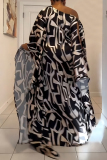 Black Oblique Collar One Shoulder with Loose Sleeve Belted Casual Vacation Loose Flowing Maxi Dresses