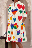 Silver Gray Heart Print Turndown Collar Buckle Casual Pocket Vacation Shirt Mini Dresses