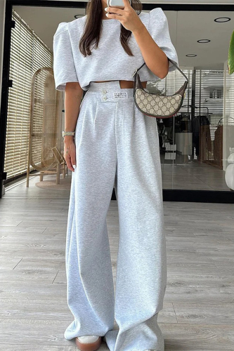 Grey O Neck Puff Sleeve Crop Tops And Pocket Wide Leg Pants Sportwear Casual Two Pieces Jogger Sets Grey O Neck Puff Sleeve Crop Tops And Pocket Wide Leg Pants Sportwear Casual Two Pieces Jogger Sets