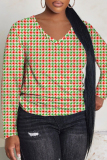 Red Leopard Print V Neck Casual Fall Winter Plus Size Long Sleeve  T Shirt