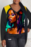 Black Yellow Casual Figure Print V Neck Long Sleeve Fall Winter T-shirt