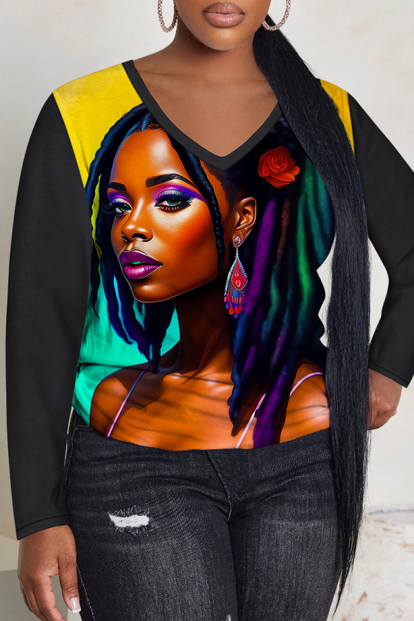 Black Yellow Casual Figure Print V Neck Long Sleeve Fall Winter T-shirt