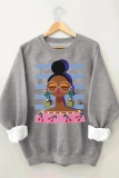 Royal Blue Casual African Girl Print O Neck Long Sleeve Fall Winter Sweatshirt