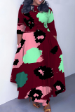 Dark Blue Casual Graphics Print O Neck 3/4 Sleeve Belted Pockets Long Vacation Pleated A Line Maxi Dresses