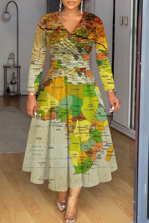 Leopard Casual Graphics Print V Neck Long Sleeve Vacation Pleated Midi Dresses