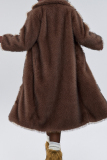 Camel Casual Turndown Collar Long Sleeve Fall Winter Longline Cardigan Faux Fur Coat
