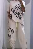 Rose Red Casual Letter Print O Neck Half Sleeve Oversize T-shirt And Wide Leg Pants Sportwear Two Pieces Jogger Sets