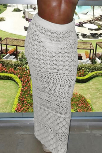 White See-Through Slit Straight High Waist Patchwork Vacation Knotted Crochet Maxi Skirt