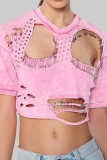 Grey Casual O Neck with Studded Cut-Outs Short Sleeve Distressed Ripped Crop T-Shirts