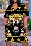 Multicolor Graphcics Print V Neck Short Sleeve Loose Pockets Casual Outing Midi T-Shirt Dress