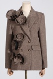 Brown 3D Flowers Decor Turn-back Collar Long Sleeve Buttons Casual Formal Office Lady Blazer Jackets