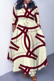 Dark Blue Casual Graphics Print O Neck 3/4 Sleeve Belted Pockets Long Vacation Pleated A Line Maxi Dresses