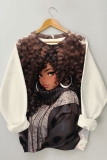 Apricot Casual African Girl Print O Neck Long Sleeve Fall Winter Sweatshirt