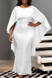 White Sequins O Neck Cape Sleeve Formal Evening Party Prom Bodycon Maxi Wedding Guest Dresses