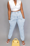 Blue High Waist Pocket Zipper Hasp Casual Straight Denim Jeans