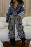 Black Gradient Color High Waist Pocket Casual Denim Cargo Jeans