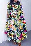 Green Casual Graphics Print O Neck 3/4 Sleeve Belted Pockets Long Vacation Pleated A Line Maxi Dresses