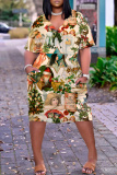 Rose Red Graphcics Print V Neck Short Sleeve Loose Pockets Casual Outing Midi T-Shirt Dress