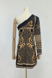 Black Baroque Print Backless Beading Oblique Collar Single Long Sleeve Formal Evening Party Prom Bodycon Mini Dresses