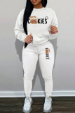 White Pink Letter Print Crewneck Long Sleeve T Shirt and Skinny Pant Casual Outing Two Piece Jogger Set