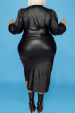 Black V Neck Long Sleeve Strap Design Leather Tops And Maxi Skirt Formal Evening Party Prom Plus Size Two Pieces Dress Sets
