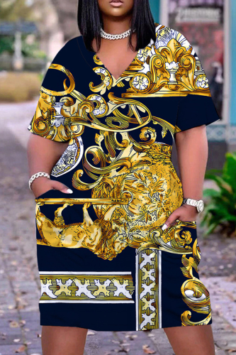 Multicolor Graphcics Print V Neck Short Sleeve Loose Pockets Casual Outing Midi T-Shirt Dress