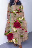Green Casual Graphics Print O Neck 3/4 Sleeve Belted Pockets Long Vacation Pleated A Line Maxi Dresses