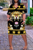 Multicolor Graphcics Print V Neck Short Sleeve Loose Pockets Casual Outing Midi T-Shirt Dress