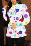 Light Blue Casual Graphics Print Buttons Turndown Collar Long Sleeve Shirt Tops
