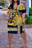 Multicolor Graphcics Print V Neck Short Sleeve Loose Pockets Casual Outing Midi T-Shirt Dress