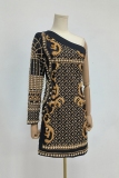 Black Baroque Print Backless Beading Oblique Collar Single Long Sleeve Formal Evening Party Prom Bodycon Mini Dresses