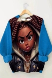Royal Blue Casual African Girl Print O Neck Long Sleeve Fall Winter Sweatshirt