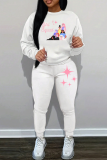White Pink Letter Print Crewneck Long Sleeve T Shirt and Skinny Pant Casual Outing Two Piece Jogger Set