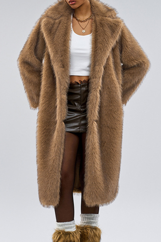 Camel Casual Turndown Collar Long Sleeve Fall Winter Longline Cardigan Faux Fur Coat
