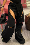 Khaki Casual Zipper High Waist Distressed Wide Leg Sweatpants