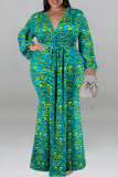 Red Snake Print V Neck Long Sleeve Mermaid Hem Long Casual Vacation Plus Size Maxi Dresses