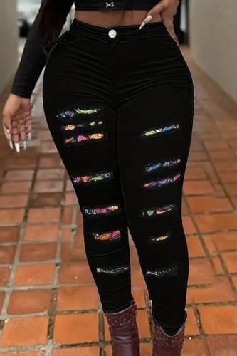 Black Casual Graphcis Print Hollow Out Plus Size Skinny Ripped Denim Jeans