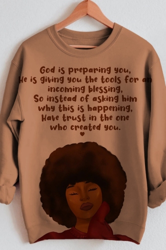 Apricot Casual African Girl Print O Neck Long Sleeve Fall Winter Sweatshirt