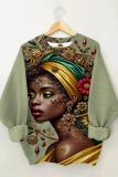 Royal Blue Casual African Girl Print O Neck Long Sleeve Fall Winter Sweatshirt