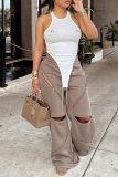Khaki Casual Zipper High Waist Distressed Wide Leg Sweatpants