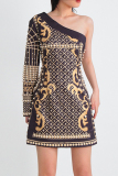 Black Baroque Print Backless Beading Oblique Collar Single Long Sleeve Formal Evening Party Prom Bodycon Mini Dresses