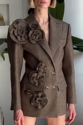 Brown 3D Flowers Decor Turn-back Collar Long Sleeve Buttons Casual Formal Office Lady Blazer Jackets
