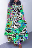 Green Casual Graphics Print O Neck 3/4 Sleeve Belted Pockets Long Vacation Pleated A Line Maxi Dresses