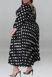 Black Polka Dot Print Square Neck Long Sleeve Belted Waist Casual Vacation Plus Size Flowying Midi Dresses