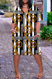 Multicolor Graphcics Print V Neck Short Sleeve Loose Pockets Casual Outing Midi T-Shirt Dress
