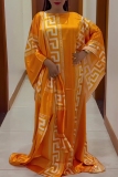 Orange African Boho Print O Neck Batwing Sleeve Casual Vacation Loose Maxi Kaftan Dresses