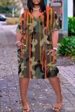 Rose Red Graphcics Print V Neck Short Sleeve Loose Pockets Casual Outing Midi T-Shirt Dress