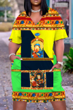 Multicolor Graphcics Print V Neck Short Sleeve Loose Pockets Casual Outing Midi T-Shirt Dress