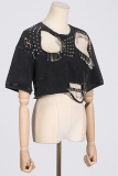 Grey Casual O Neck with Studded Cut-Outs Short Sleeve Distressed Ripped Crop T-Shirts